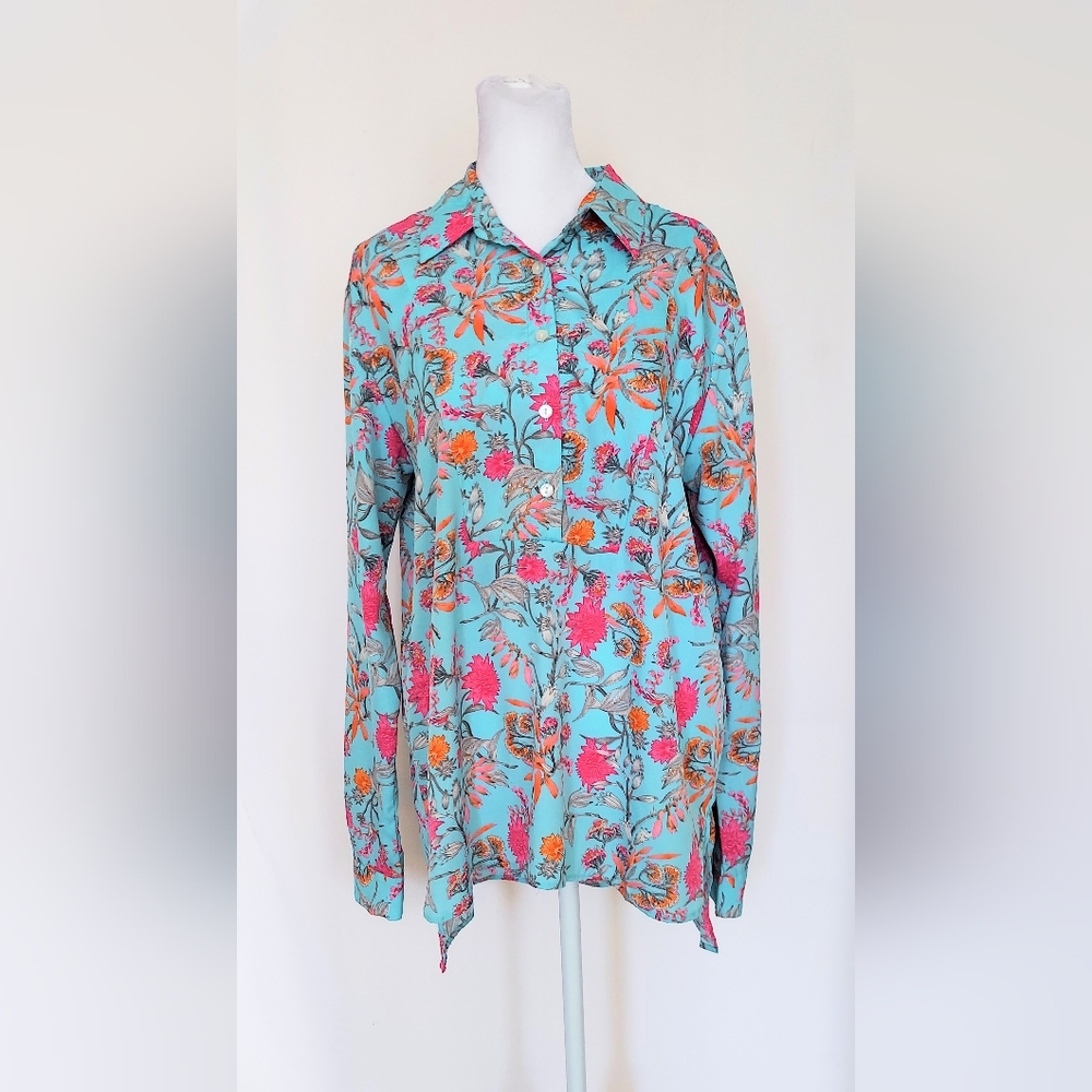 At Last Collared Button Down Shirt Floral Print Blue Pink 100% Cotton Size 14